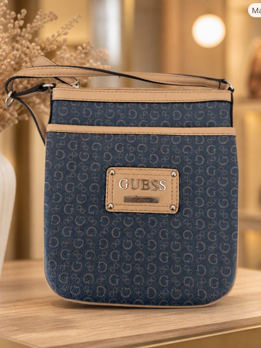 Guess Navy Monogram Crossbody with Beige Trim